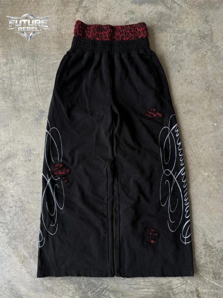 

Новые унисекс-брюки свободного кроя в стиле Y2K с американским леопардовым принтом, повседневные, эластичные, в стиле ретро-панк, с вышивкой и шнурком, спортивные штаны для бега, мужские, ретро