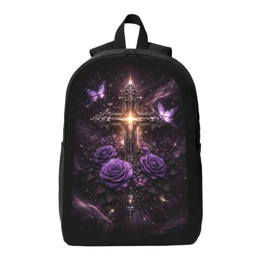 

Dark Gothic Cross Backpack With Purple Roses And Butterflies Stylish Casual Daypack For Adults