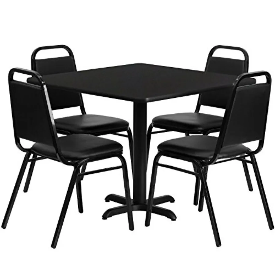 

5-Piece 36 Square Laminate Dining Table/Chairs Set Restaurant Dining Set with Table X-Base and 4 Trapezoidal Back Chairs Black