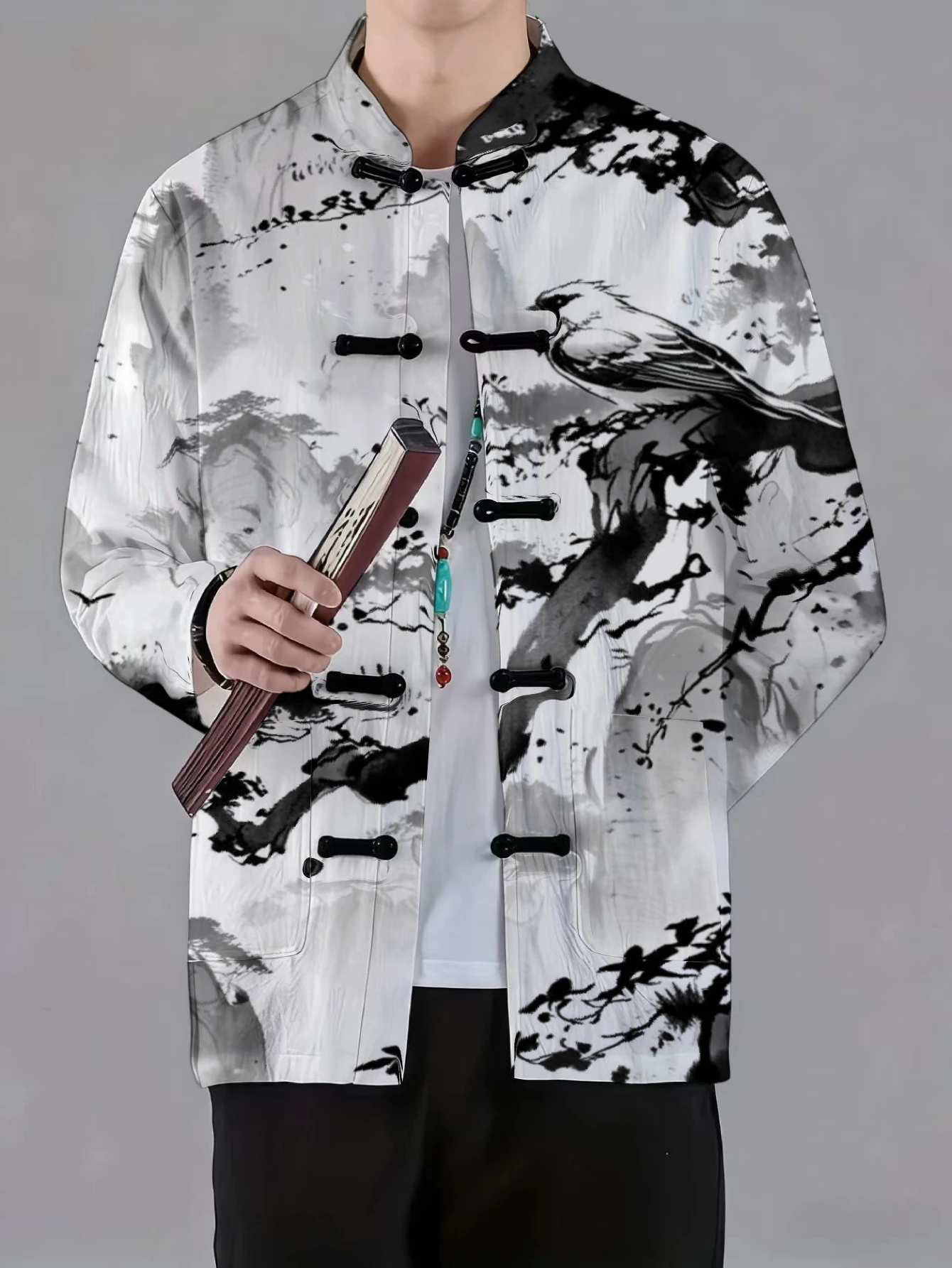 Men Mandarin Collar Frog Button Long Sleeve Jacket Ink Wash Landscape Plant Art Print Traditional Coat
