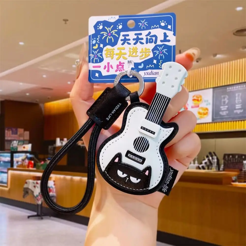 PU Leather Leather Keychain Black Cat Piano Shape Musical Instrument Keychain With Lanyard Guitar Shape Guitar Keyring - view 4