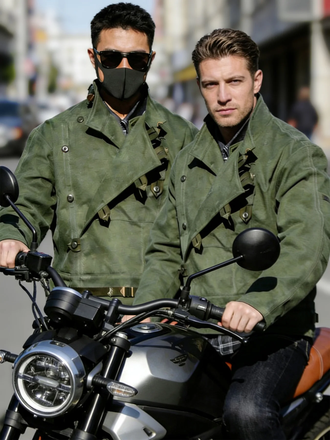 

2pcs retro Swedish motorcycle jacket, men's military green cropped jacket, 100% cotton canvas workwear asymmetric safari style