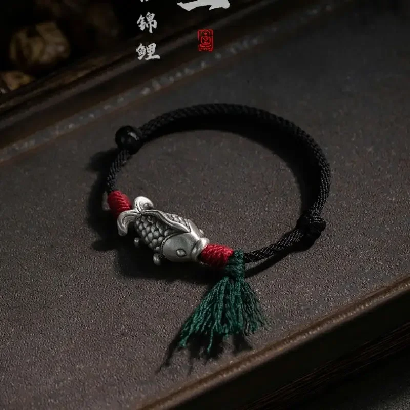 Original Foot Silver Koi Hand-woven Hand Rope Wen Play Bracelet Tibetan Cotton Woven Rope Ethnic Style Meaning Bracelet