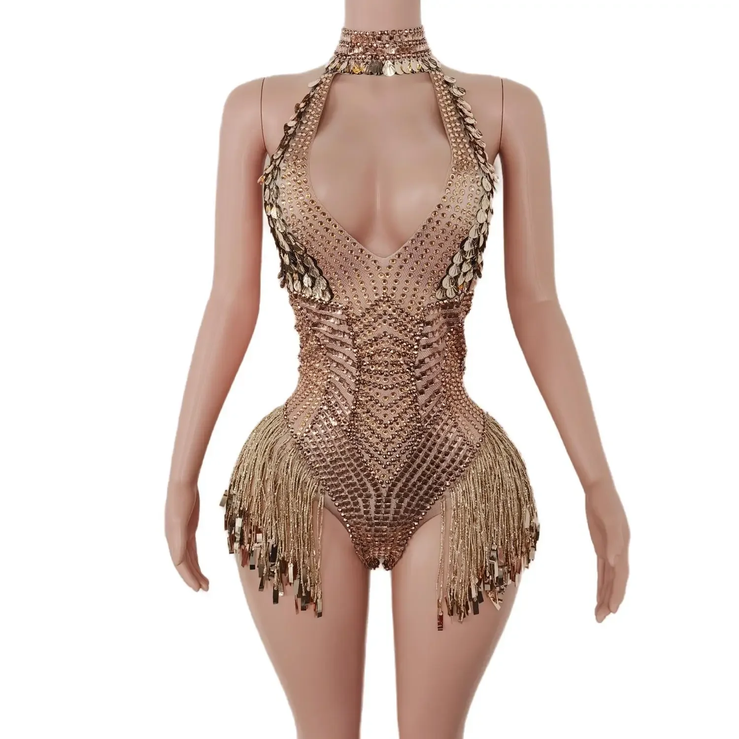 

Gorgeous Rhinestones Bodysuit for Woman Dance Show Sexy Sleeveless Costume Evening Birthday Party Outfit Sequin Fringe Leotards