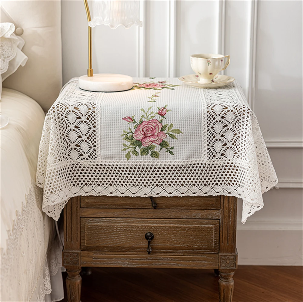 Handmade Crochet Tablecloth Bedside Table TV Safe Cover Towel Printer Lace Hollow Peony Printing Home Decoration Dust Cover