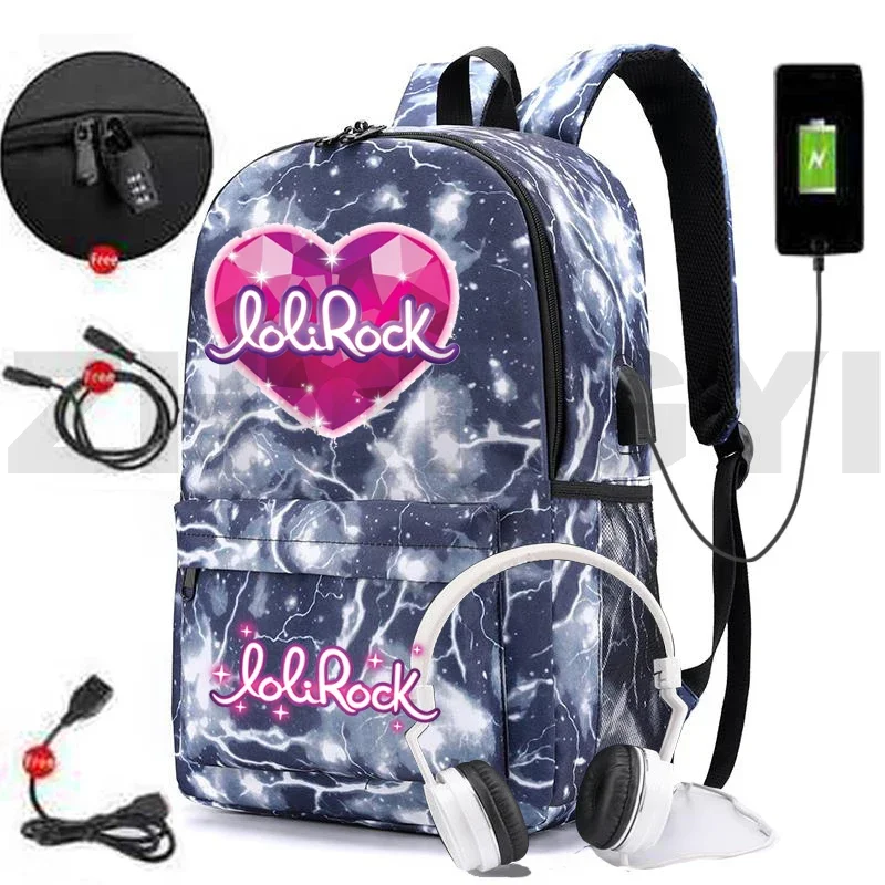 

Anime Lolirock Backpack Zipper Schoolbags for Teenage Girls LoliRockstar Bookbag Canvas USB Charging Anti-theft Back Pack Women