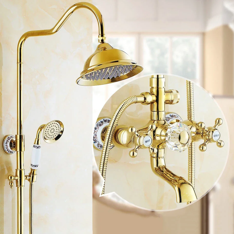 Shower Faucets Luxury Brass Rain Shower Set Dural Handle Wall Mount Gold Bathroom Faucet With Slide Bar Bathtub Faucet