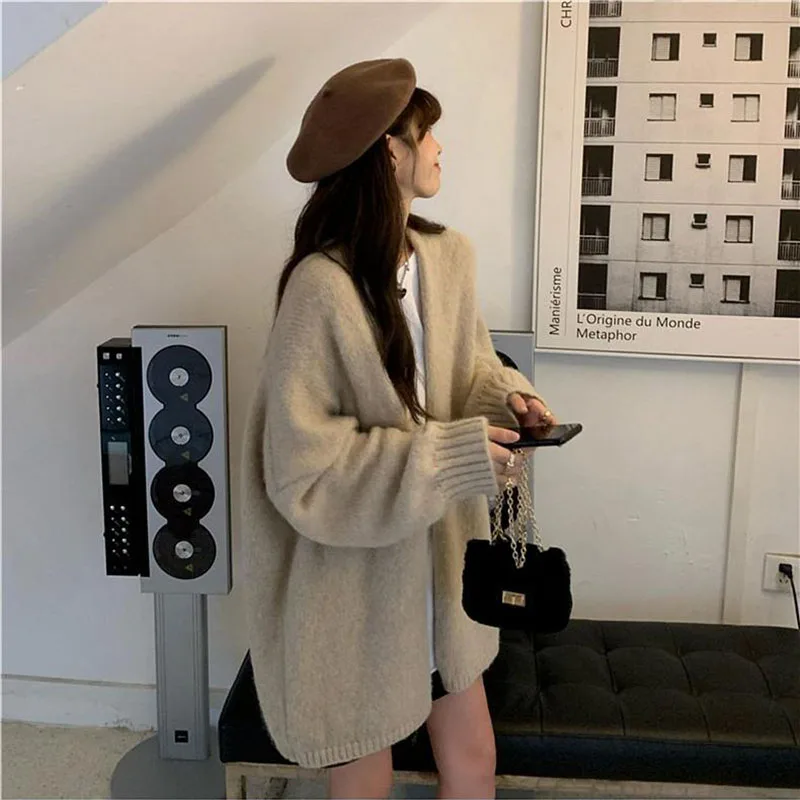 Zoki Autumn Warm Knitting Cardigan Sweater Women Korean Lazy Wind Soft All Match Cardigans Female Solid Loose Knitwear Coats