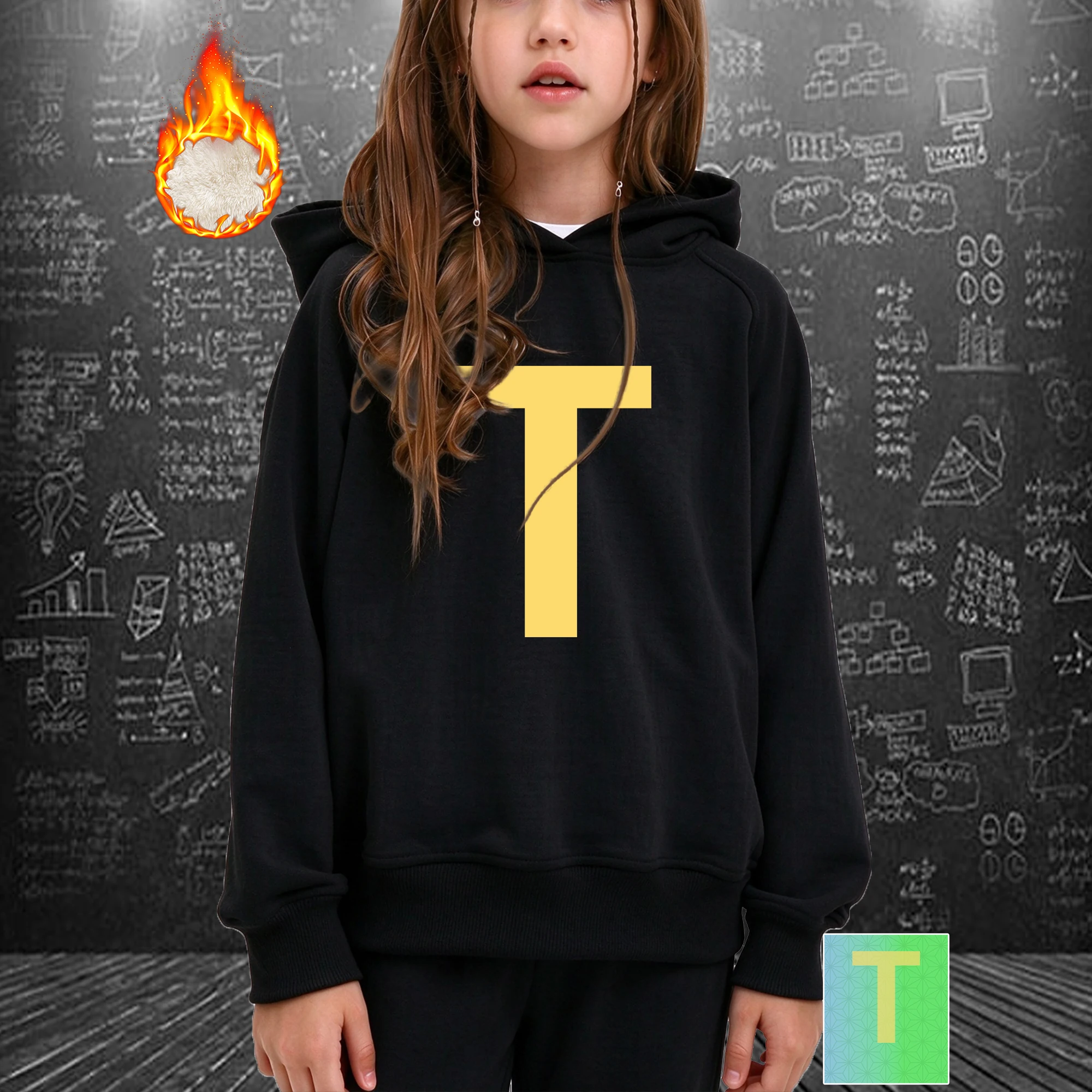 Girls Hoodies Sweatshirts Fleece Preppy Bold Letter T Printed Monogram Initial Children Clothing Fall Winter Casual Daily Wear