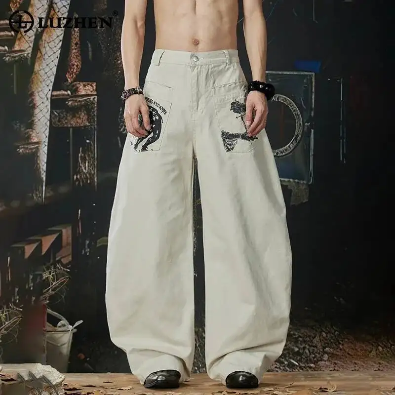 

LUZHEN 2026 Original Double Layer Pockets Decorate Printed Straight Casual Jeans Men's Fashion Niche Wide Leg Denim Pants JY6875
