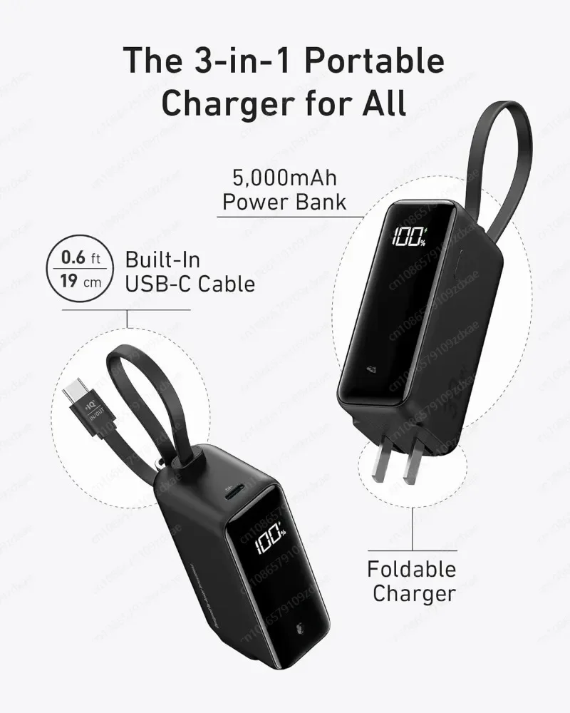 Portable Power Bank, USB C Charger Block, 3-in-1, 5,000mAh, Built-in USB-C Cable, Foldable CN Plug