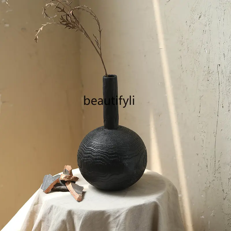 

zqBlack Ball Solid Wood Narrow Mouth Vase round Belly Vintage B & B Zen Japanese Decorative Ornaments