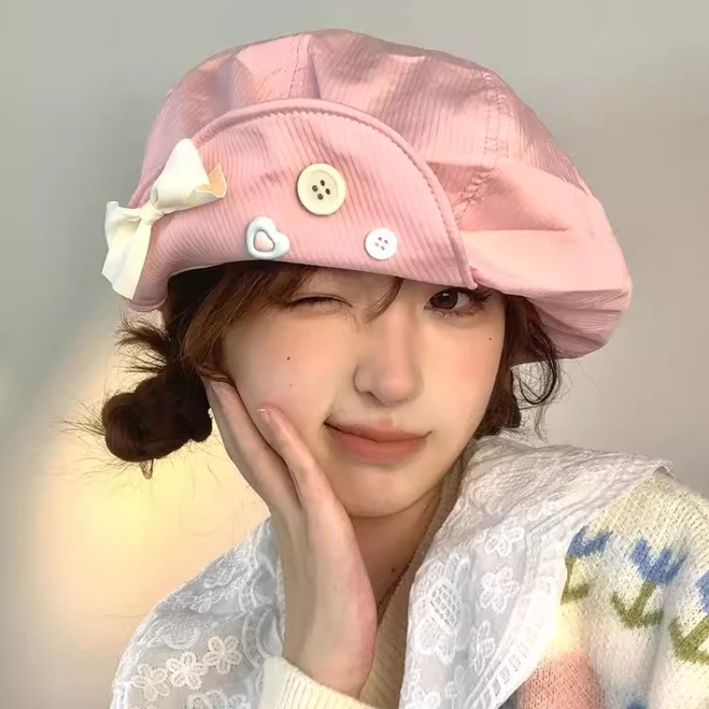 Ins Sweet Bow Oversized Cloud Berets Cap Summer Travel Versatile Dopamine Pink Show Face Small Retro Octagonal Hats Women