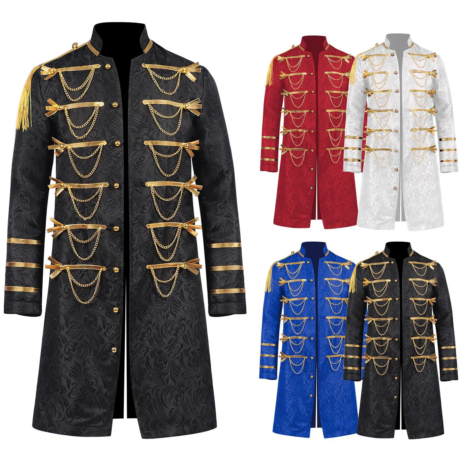 

New Men's Medieval Costume Renaissance Vintage Punk Stand Collar Chains Long Tuxedo Blazer Halloween King Prince Cosplay Jacket