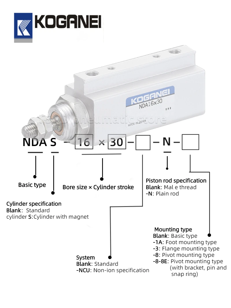 NDA6 NDA10 NDA16 - 5 10 15 20 25 30 -8 NDA10-10-8 NDA10-20-8 NDA10-30-8 KOGANEI  Knock Cylinders  Double Acting Type Pneumatic