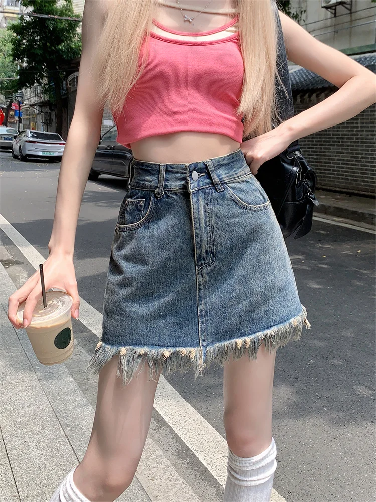 スパイシーガールレトロデニムスカート レディース 秋新作 大きいサイズ デザインセンセーション 小さなクロスフリンジ Aライン ボディコンスカート