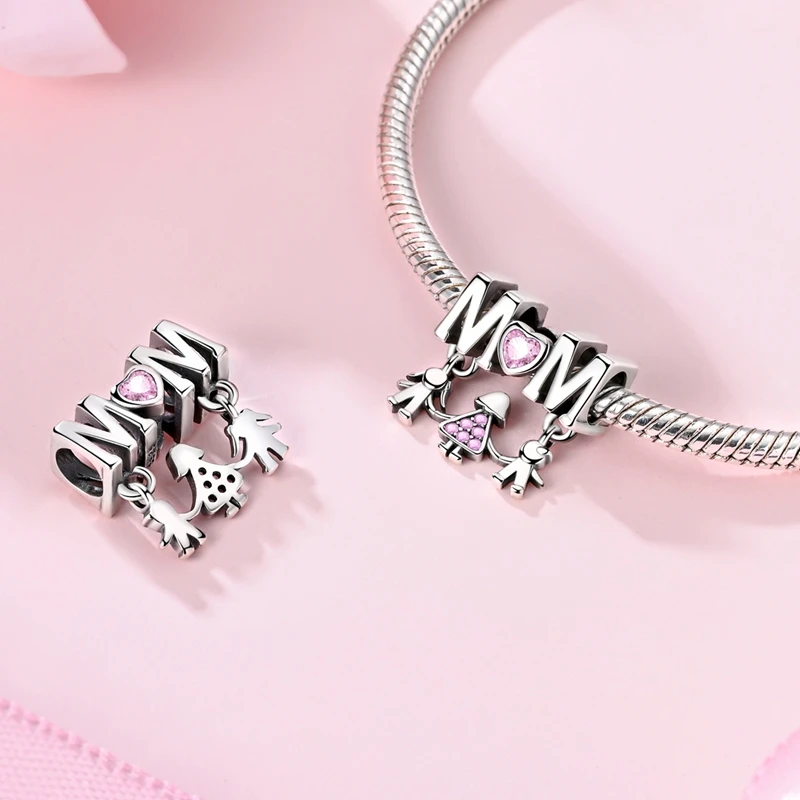 Charms Plata De Ley 925 핑크 컬러 시리즈 Charms 핑크 하트 이어폰 비드 오리지널 여성 기념일 DIY 쥬얼리 Charms
