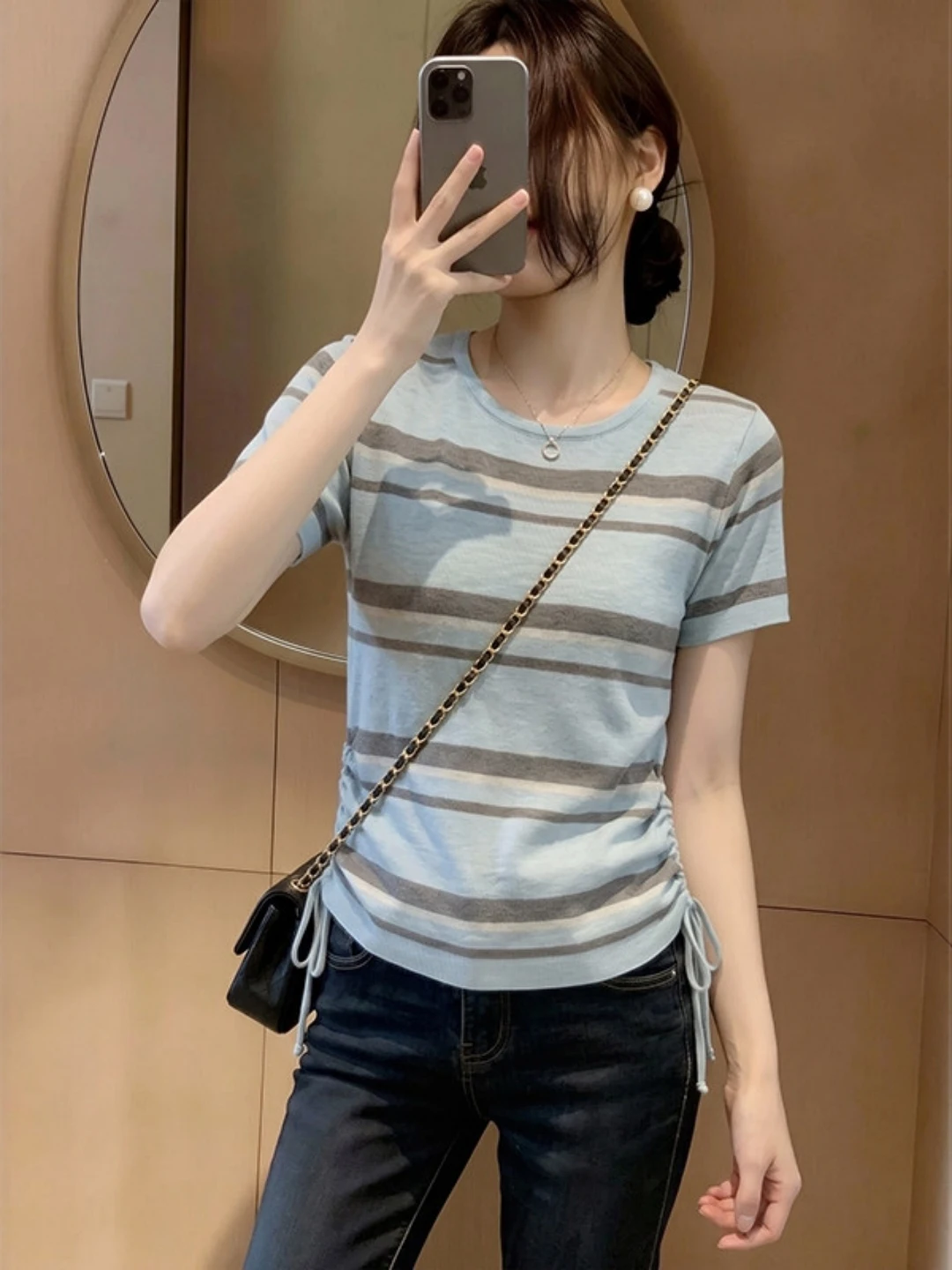 Blue Striped round Neck Short Sleeve Knitted Top Women Summer plus Size Waist Cinched Shoulder Design Sense Drawstring Top