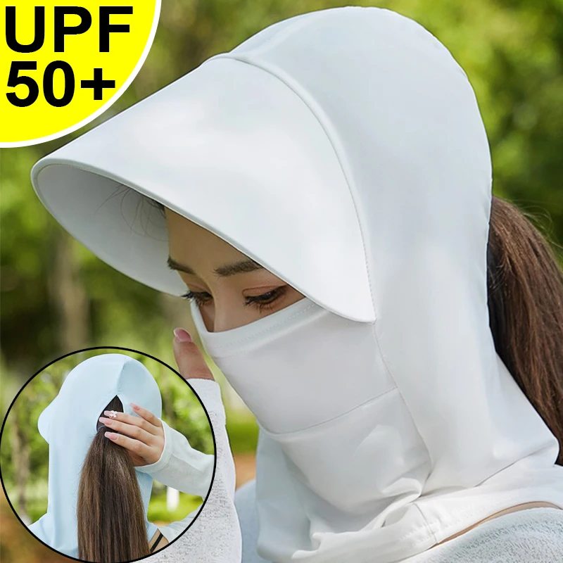 Wide Brim Ice Silk Sun Hat Women Summer Anti-UV Quick-drying Hats Cooling One-piece Face Cover Breathable Neck Protection Caps