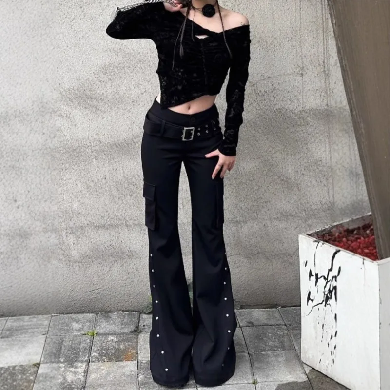 

Ретро чистый черный дизайн с заклепками, декоративные узкие джинсы, уличные горячие девушки, женские Y2k Harajuku, готические расклешенные брюки с низкой талией