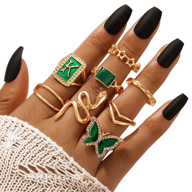 30/50pcs/Lot Wholesale New Mix Style Crystal Finger Ring for Women Gold Color Snake Animal Green Enamel Butterfly Flower Jewelry