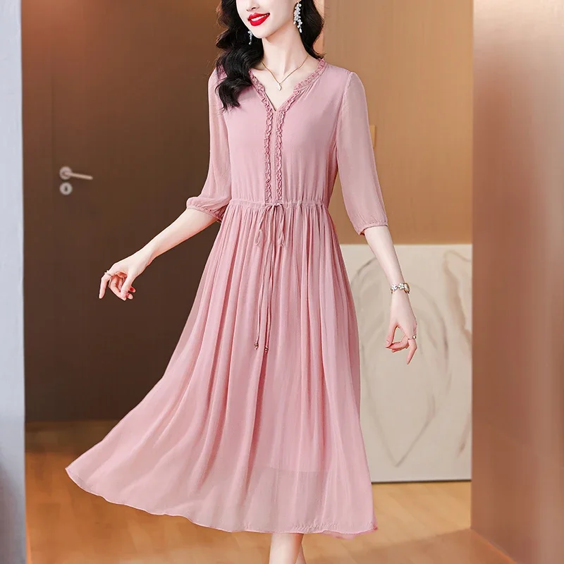 

Летнее роскошное шелковое шикарное длинное платье с v-образным вырезом, весенние однотонные платья для свадьбы, женское элегантное платье макси для гостей 2025 года, корейское праздничное платье