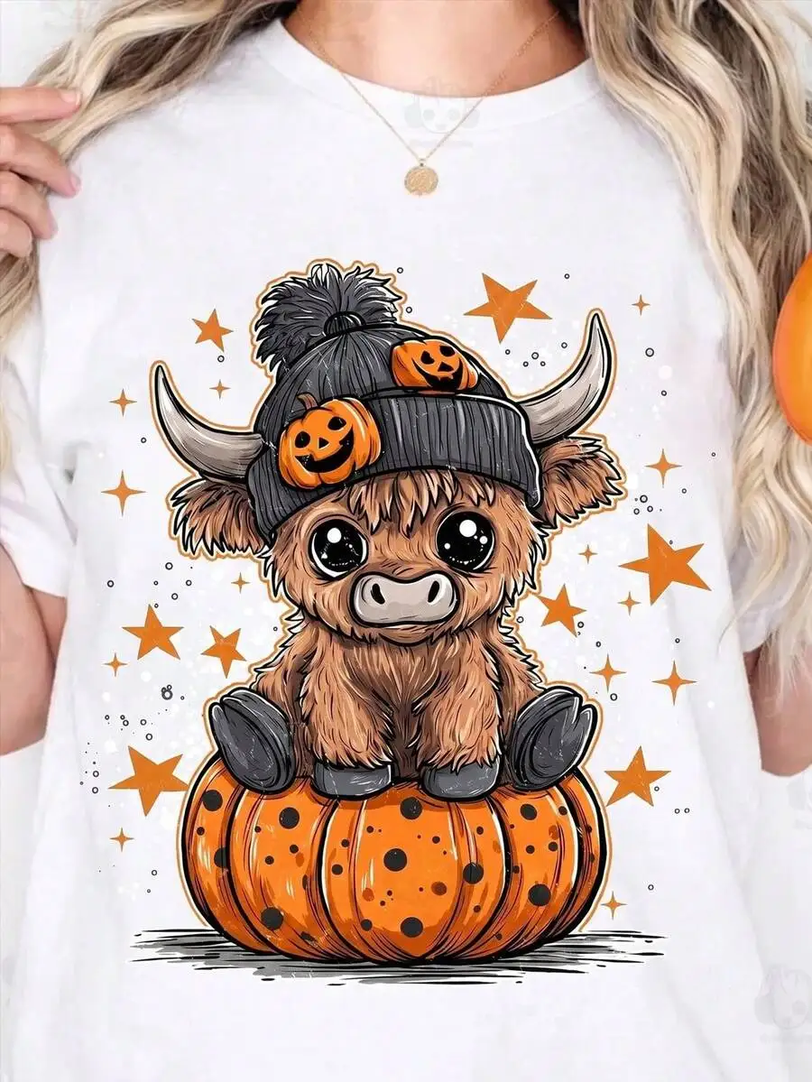 2026 New Fall Halloween Cute Highland Cow With Beanie Star Pumpkin Graphic T Shirt For Women Casual Short Sleeve Holiday Outfit Top