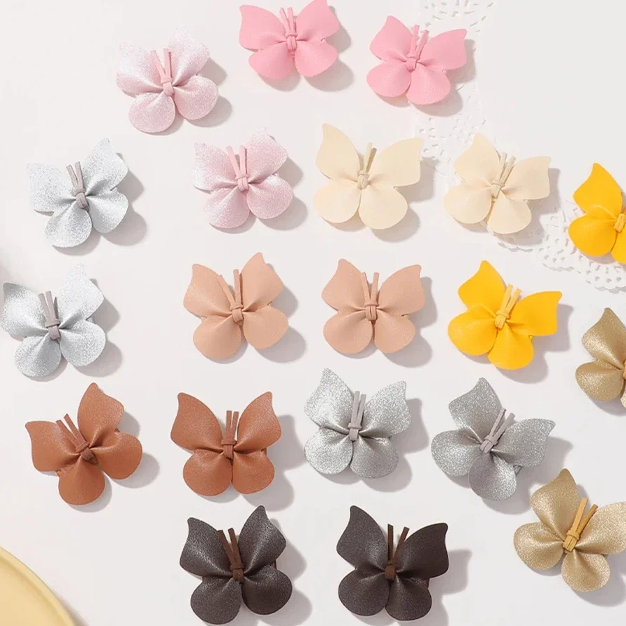 Pinzas para el pelo de cuero de mariposa de punto delicado, horquillas flocadas con sombreros de gasa dorados, accesorios para el cabello para niñas y bebés, 2 piezas por juego