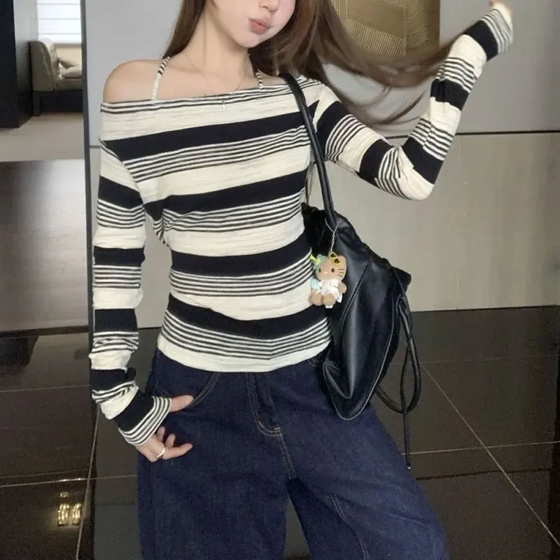 

Aura Slash Neck Halter Striped T-shirts Autumn New Korean Long Sleeve Women's Clothing Fashionable Off Shoulder Casual Pullovers