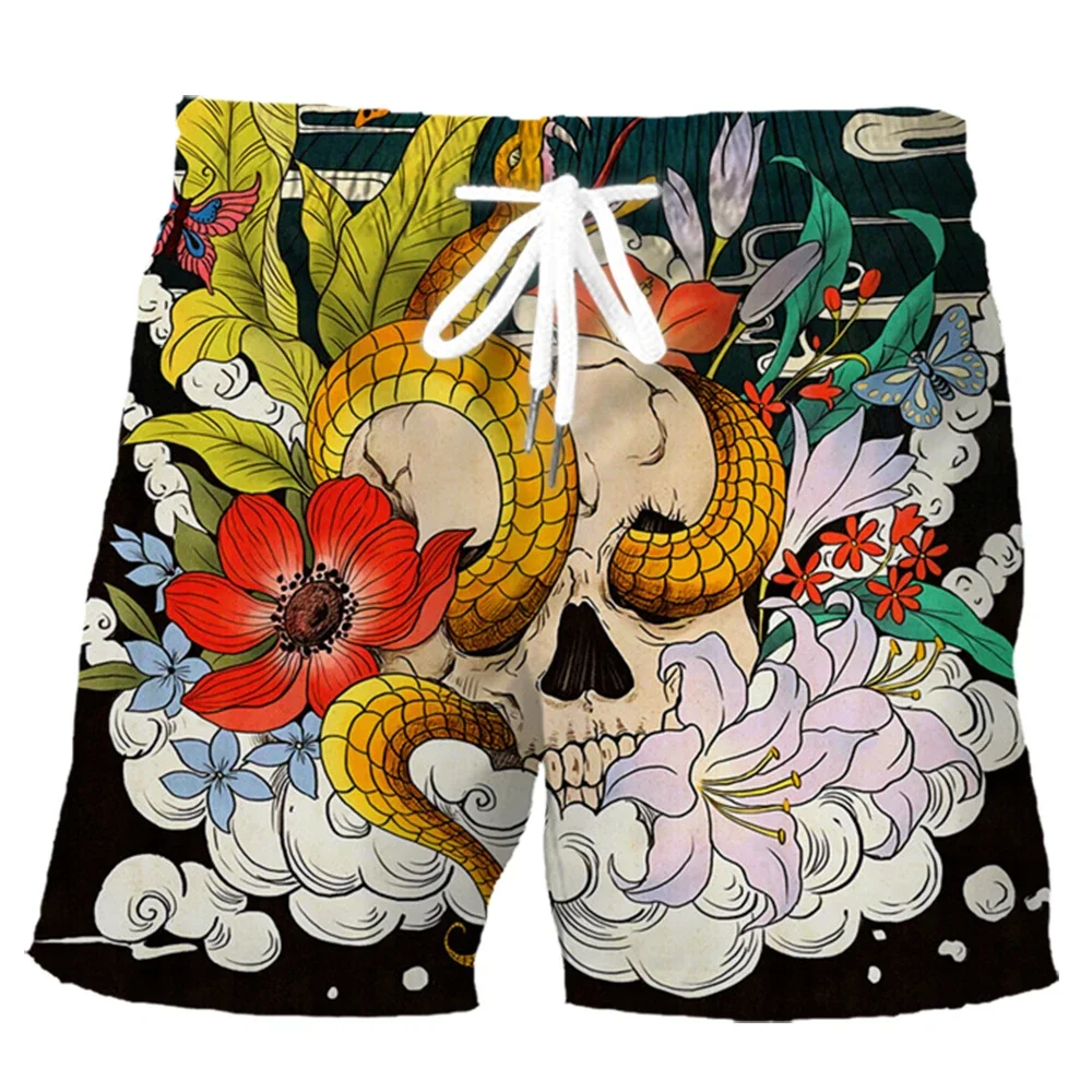 HX Fashion Sports Shorts Ukiyo-e Art Painting Flower Snake Skull 3D Printed Pants Summer Polyester Men Casual Board Shorts