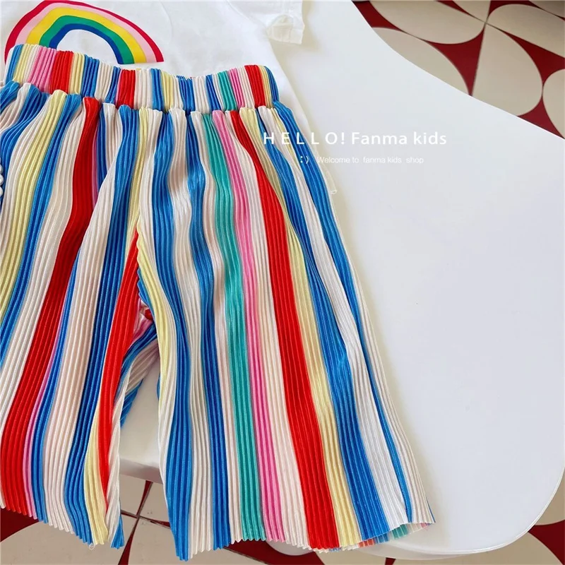 2024 Children\'s Summer Set Baby Tops and Bottoms Suit New Girl Cute Short-Sleeved T-Shirt Rainbow Pleated Pants Two-Piece 12M-8Y