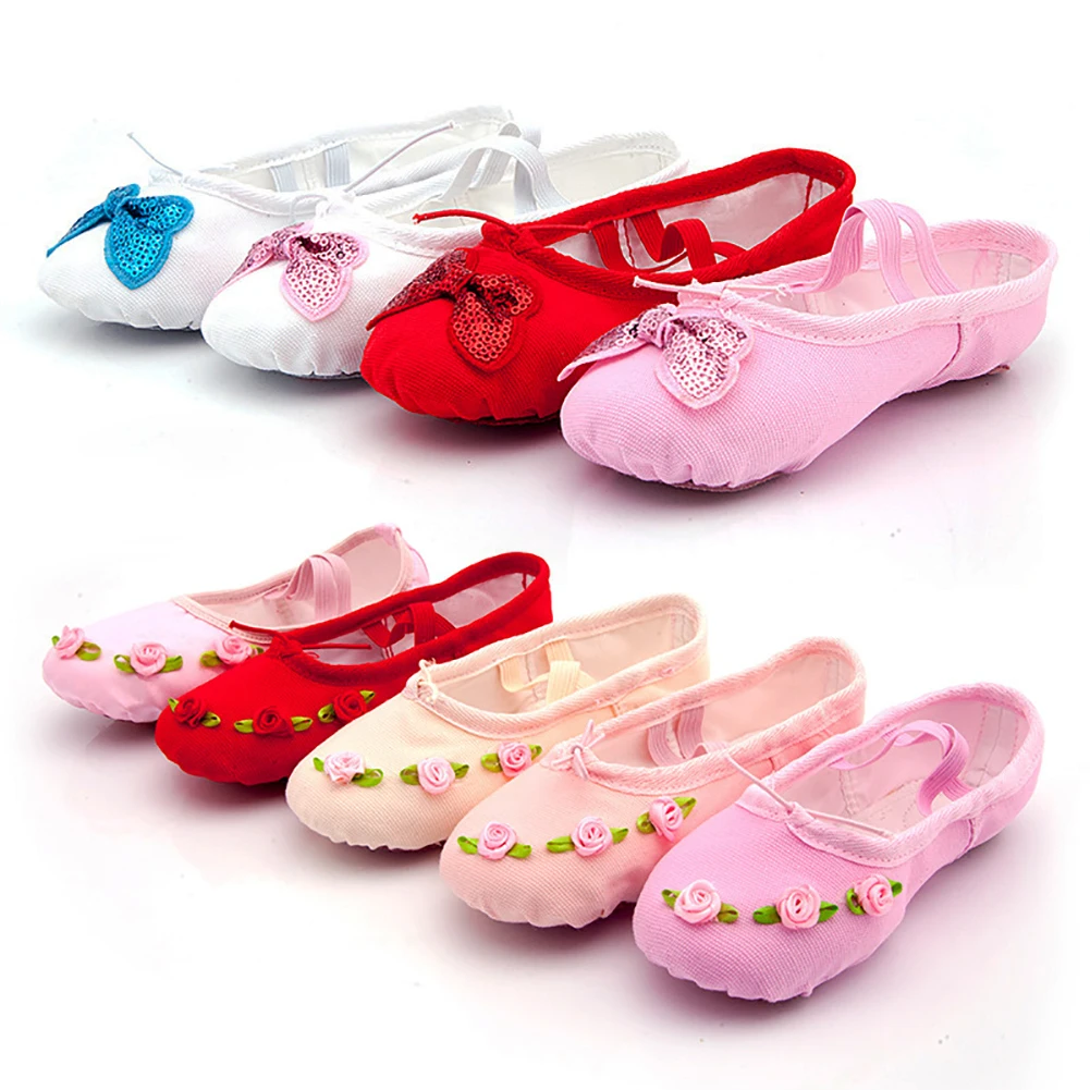 Girls\' Satin Practice Ballet Shoes Soft Bottom Dance Rose Flower Kindergarten Performance Dancing Shoes Zapatillas De Ballet