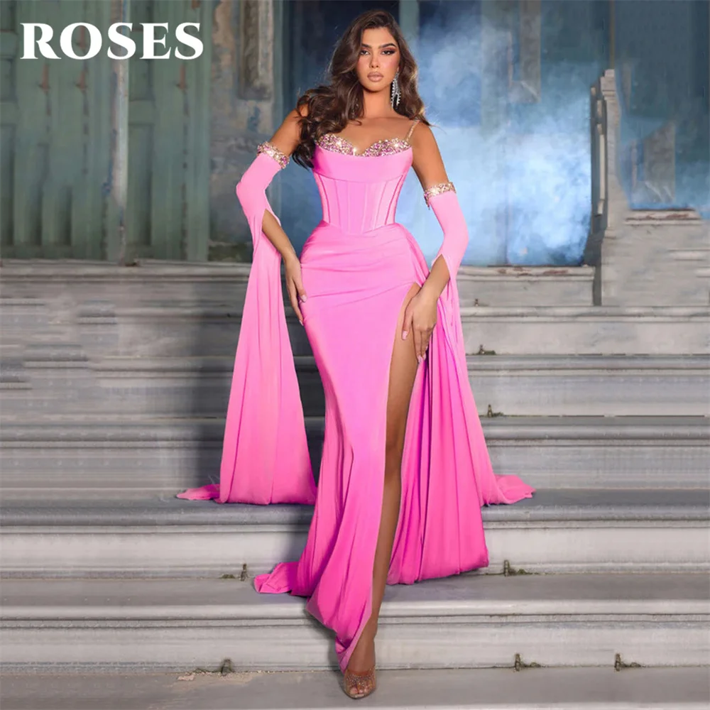 ROSES-Robe de Bal Violette en Mousseline de Soie pour Femme, Tenue de Soirée Sirène à Fente Haute, Bretelles Spaghetti, Poignées à Paillettes, Manches Détachables