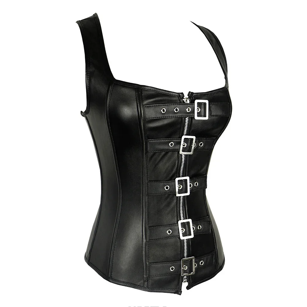 Women Faux Leather Corset Top Shoulder Strap Corselet Black Zipper Buckled Bustier Waist Trainer Vest Steampunk Corset Overbust