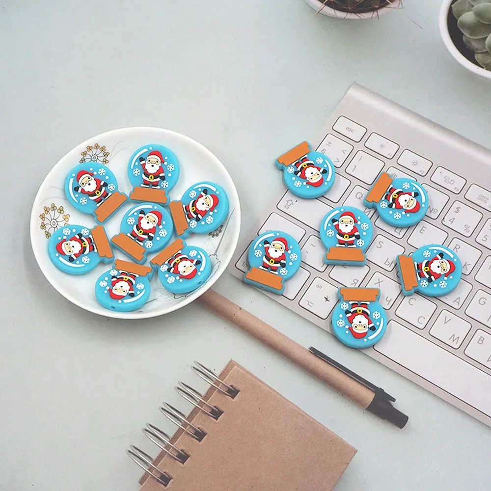 

Chenkai 50PCS Snow Globe Santa Beads Silicone Charms Focal Beads For Beadable Pens Christmas Character Beads For Pacifier Chains