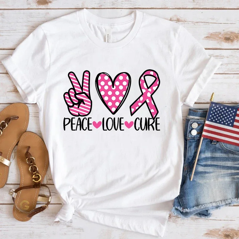 New Funny Breast Cancer Awareness Peace Love Cure T Shirt Unisex Short Sleeve O Neck Summer Casual Letter Printing T-Shirt Top
