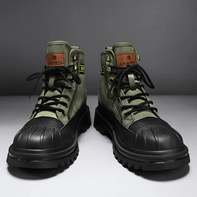 Botas altas de cuero para hombre, zapatos de moto, botas de nieve, botas militares con cabeza de concha, Invierno