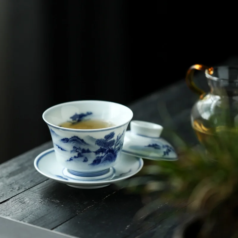 Air Kiln Fake Antique Blue and White Landscape Tureen inside and outside Hand Painted Cup with Cover Single Gaiwan Horseshoe Non