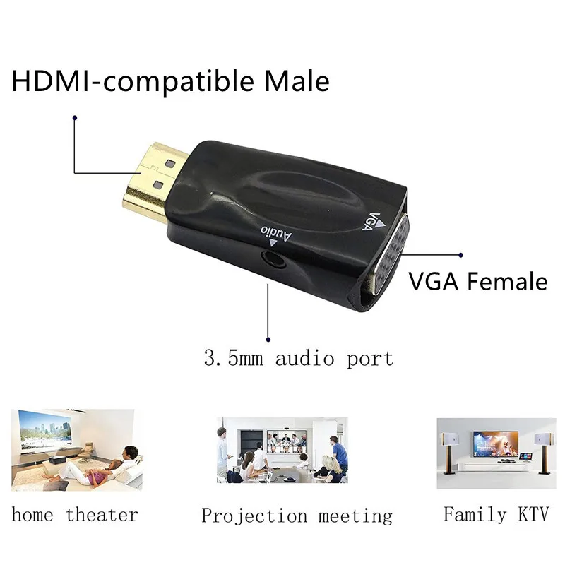 Adaptador convertidor HDMI compatible con VGA, Cable de Audio, conversión HD Famale a Vga macho para computadora portátil, TV Box, proyector de pantalla de computadora