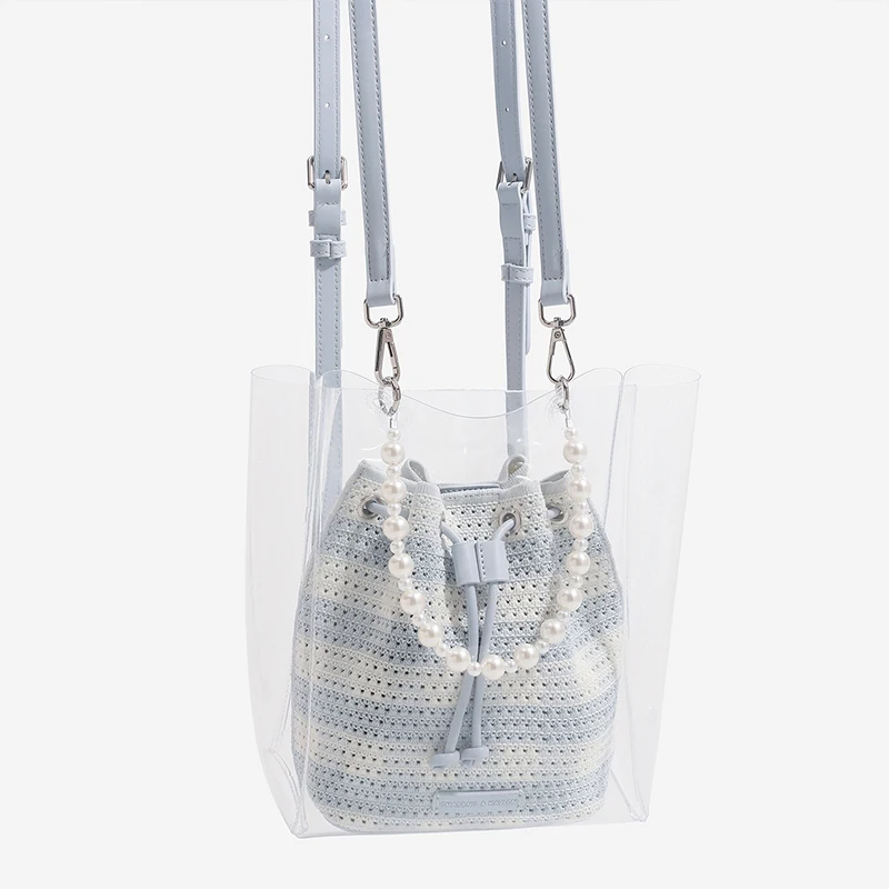 

New Woven Bucket Bag Summer Vacation Beach Hollow Drawstring Backpack Large Capacity Pearl Women Handheld Shoulder Messenger Bag