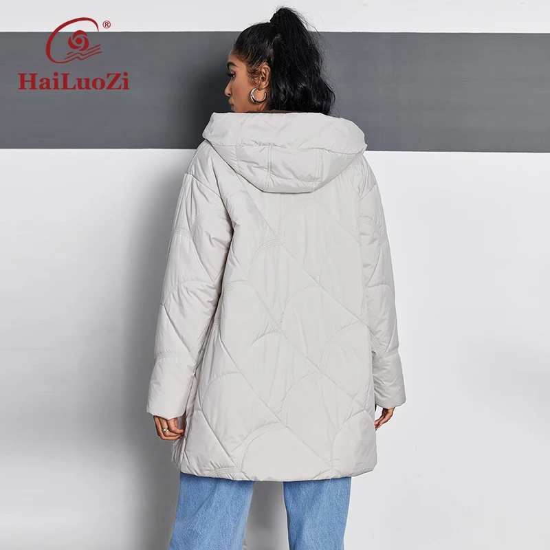 Hailuozi 2024 neuer frühlings damen mantel mittellanger dünner baumwoll schmaler parkas schräge taschen frauen jacke mit kapuzen reiß verschluss