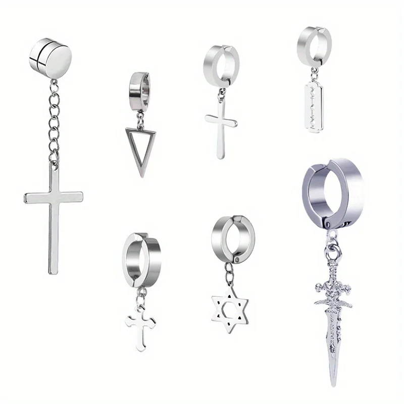 2pcs Fashionable Stainless Steel No Ear Holes Cross Ear Clip Non-Piercing Tassel Star Blade Earrings Jewelry for Men Women