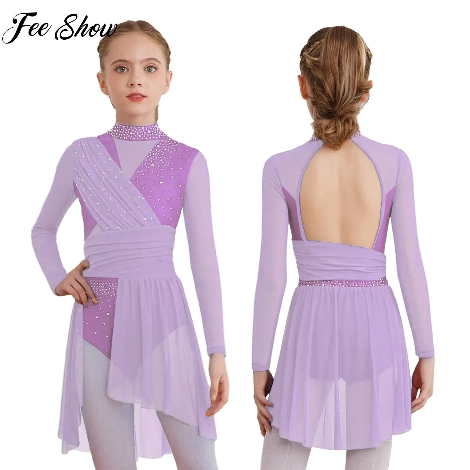 

Child Girls Lyrical Modern Dance Dress Ballet Dress Gymnastics Leotard Shiny Rhinestones Mesh Dresses for Skating Dance Class