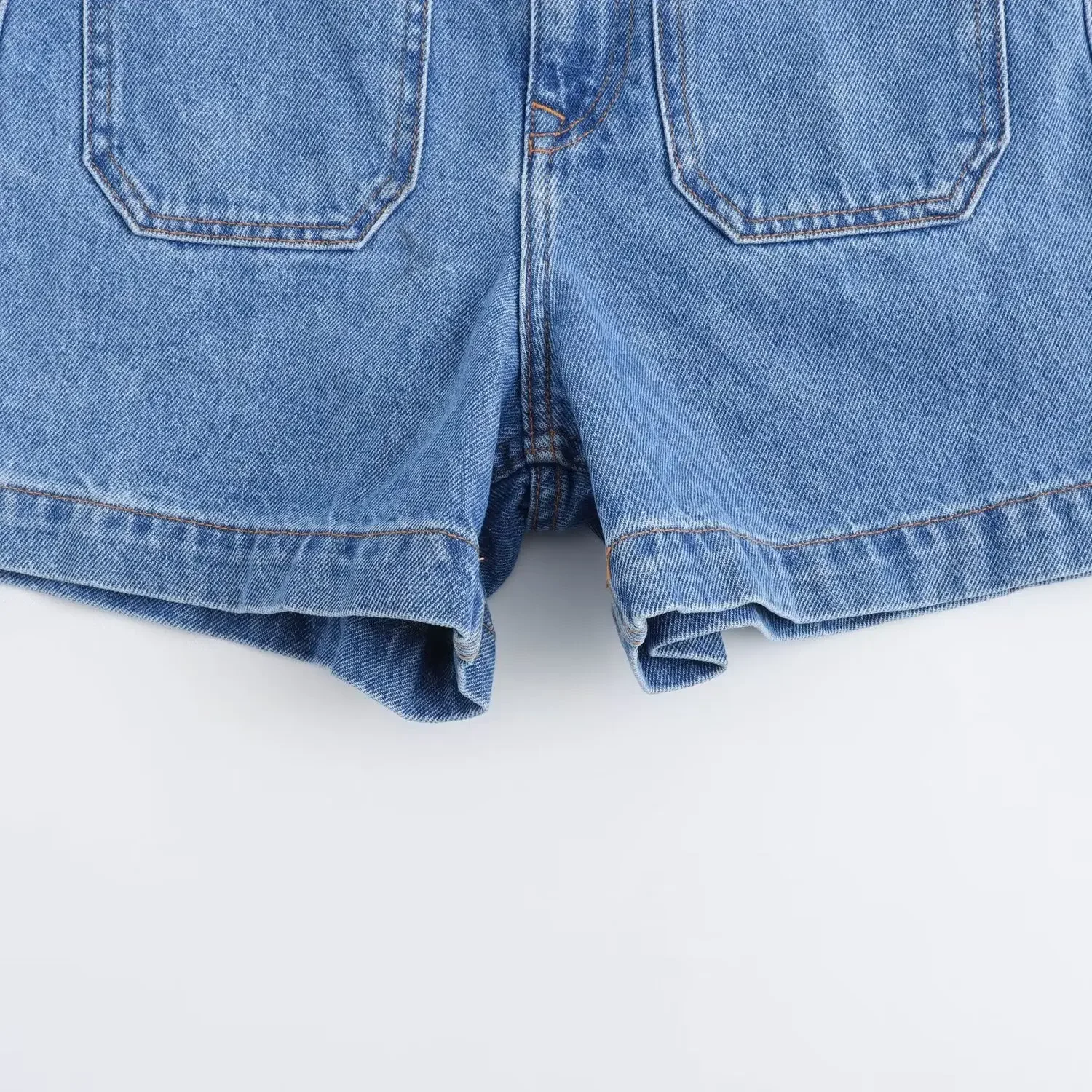 Shorts jeans de cintura alta feminino, shorts retrô com zíper, versão solta, decoração de bolso para cinto, moda casual, novo, 2024