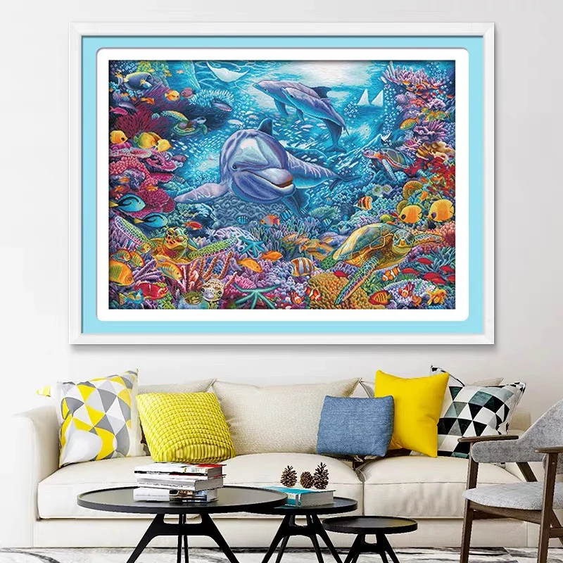 Stunning Ocean World Cross-Stitch 2024: Modern Living Room Decor with Handmade Embroidery of Marine Animals