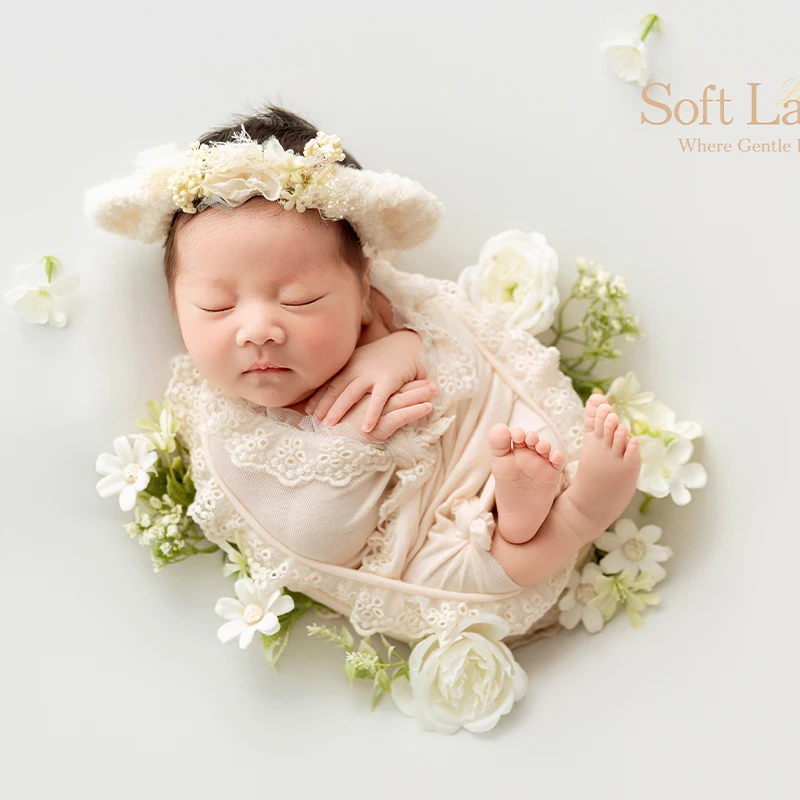 Soft Newborn Baby Lace Wrap with Floral Headband Infant Boy Girl Photo Shoot Outfit Newborn Studio Photography Props