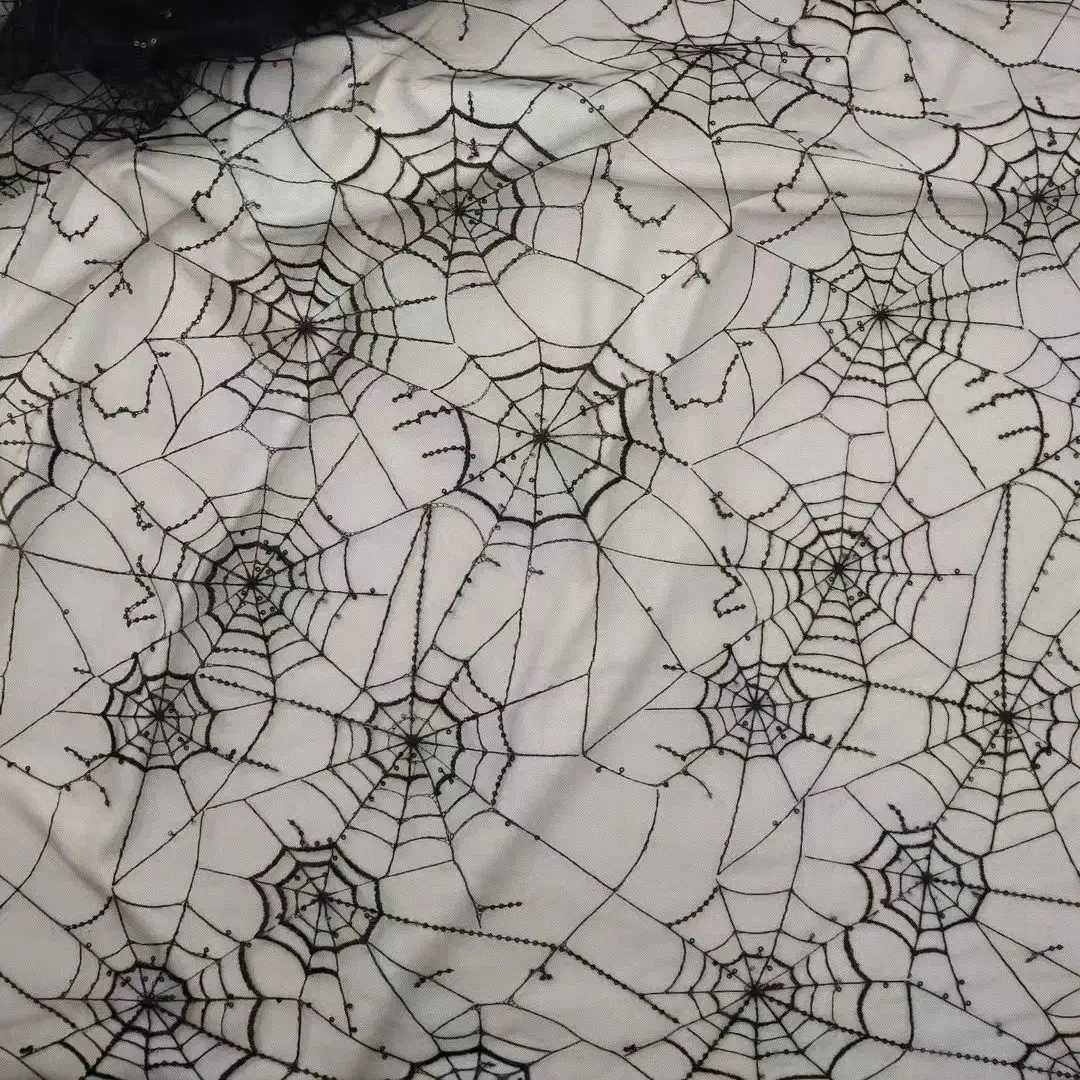 

New black white sequin spider web embroidered mesh lace fabric for DIY women's children's apparel, designer fabrics
