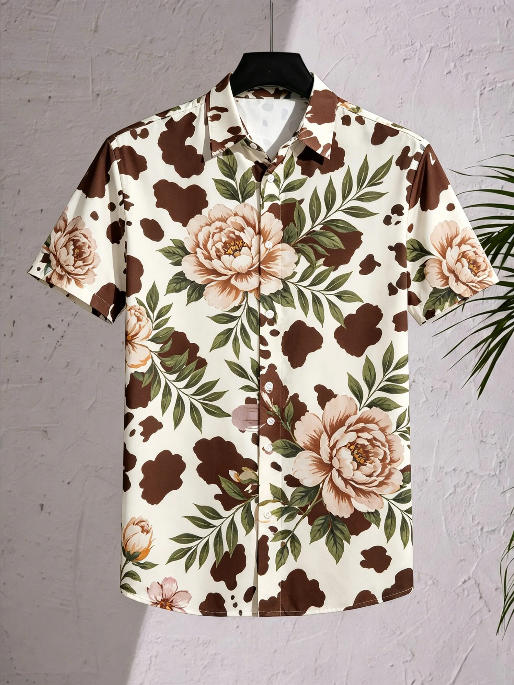 Women's Spring Summer Lapel Shirt, Cream Base Brown Cow Print Peony Floral Leaf Print Casual Tops for Daily Outfit