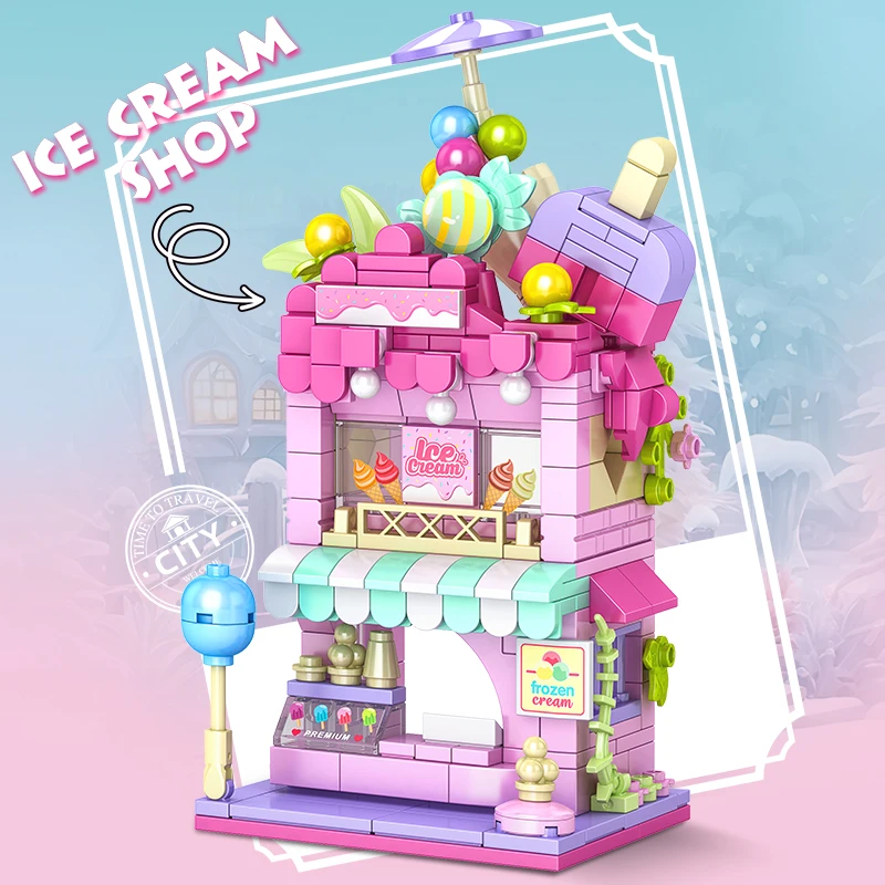 

City Building Blocks Ice Cream Shop Dessert House Model Set Desktop Decor Kids DIY Toys Christmas Birthday Gift