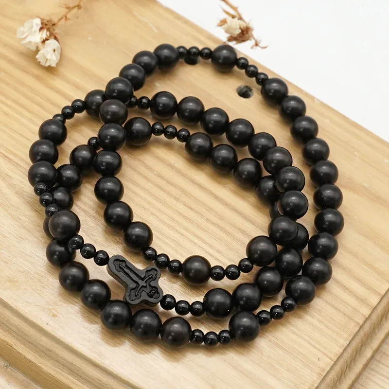

Advanced Wood With Agate Cross Prayer Bead Necklace Men's 6mm 8mm Beads Necklace With Wood Cross Pendant For Men Rosary Jewelry